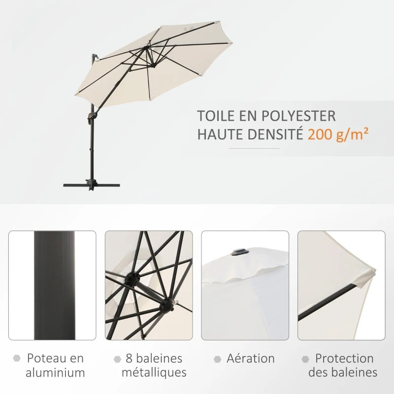 Outsunny Parasol déporté Ø 3 m octogonal inclinable manivelle avec pied en acier crème