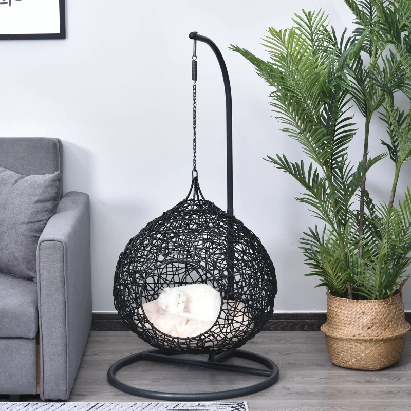 PawHut Amaca per Gatti in Rattan, Cuccia con Cuscino Incluso in Felpa e Cotone per Animali (Φ60 x 110cm)
