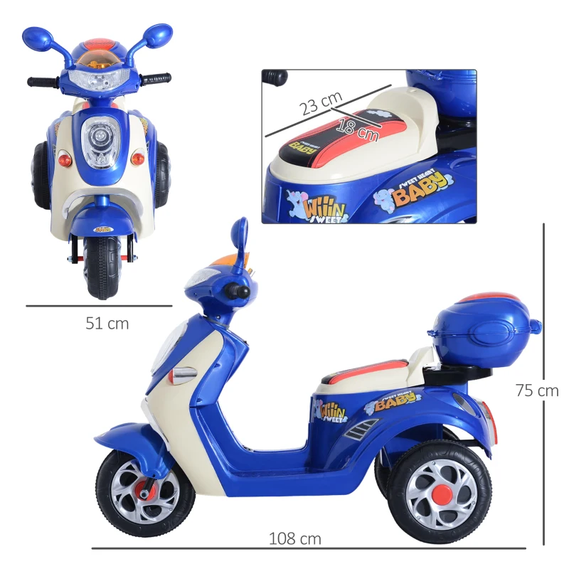 HOMCOM Moto Scooter électrique pour Enfants 6 V env. 3 Km/h 3 Roues et topcase Effet Lumineux et sonore Bleu