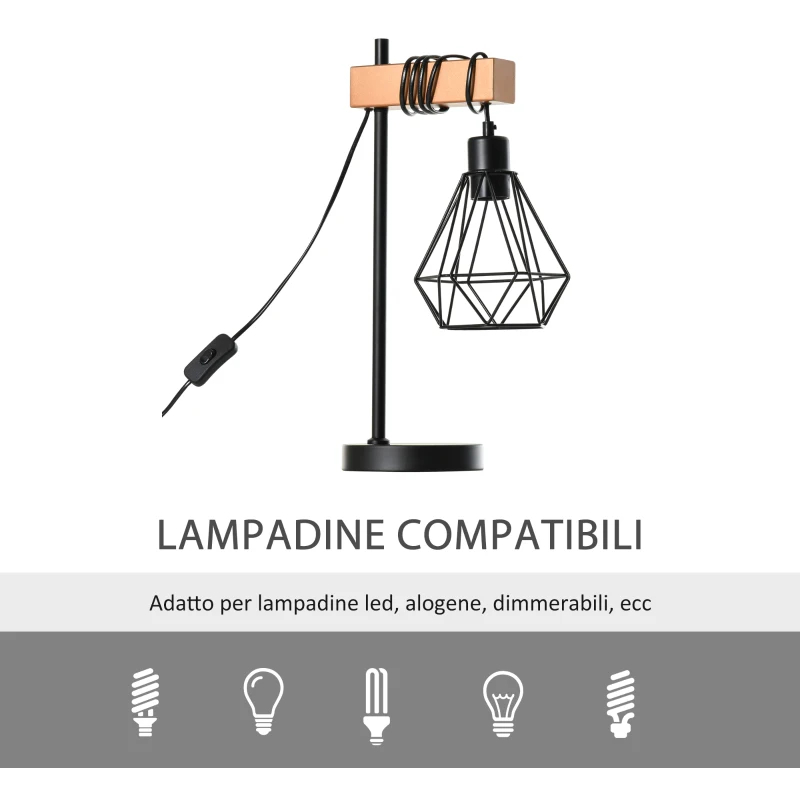 HOMCOM Lampada da Tavolo in Stile Industriale, Lampada da Comodino con Paralume Regolabile in Metallo Nero e Color Legno, 25x15x48cm