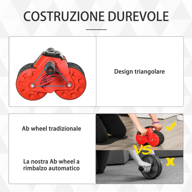 HOMCOM AB Wheel Attrezzo per Allenamento Addominali, Impugnature Antiscivolo e Tappetino per Ginocchia, 40x25x16cm Rosso