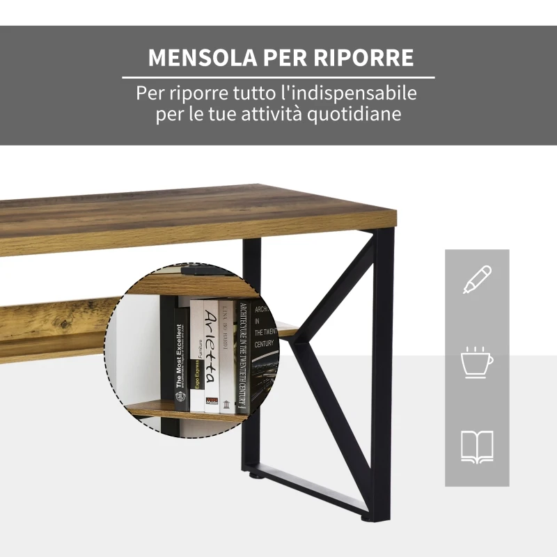 HOMCOM Scrivania Moderna Stile Industriale in Metallo e MDF, Mensola e Gambe a K per Camera e Ufficio, 140x60x76cm Nero Marrone