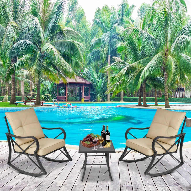 Outsunny Set Tavolino e Sedie da Giardino a Dondolo con Cuscini, Ripiano in Vetro e Struttura in Acciaio Beige