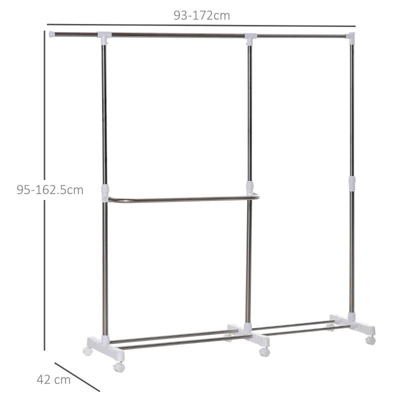 HOMCOM Stender Estensibile Appendiabiti Stendibiancheria 3 Livelli con Portascarpe e Ruote, Acciaio e PP, Bianco, 93-172x42x95-162.5cm