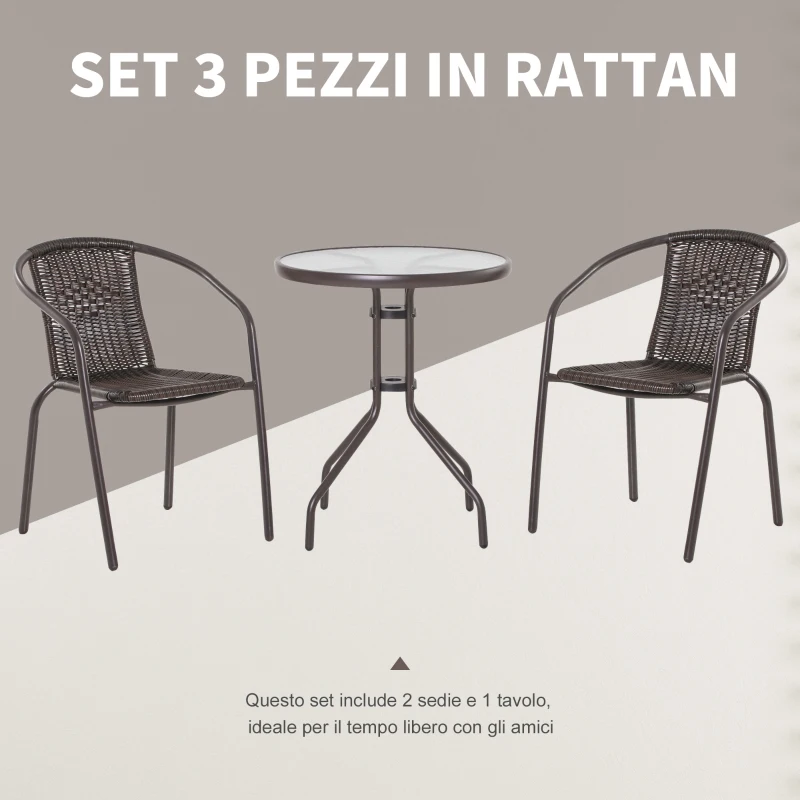 Outsunny Set Tavolo Pieghevole e 2 Sedie da Giardino in Acciaio e Rattan PE, Arredamento da Esterno da 3 Pezzi Marrone
