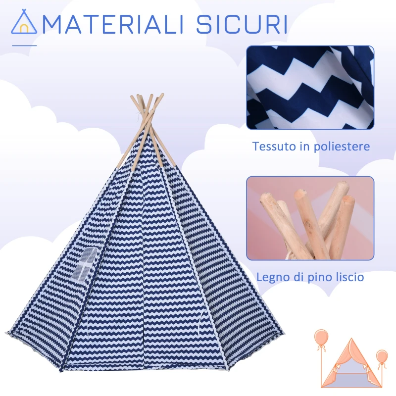 HOMCOM Tenda Indiana per Bambini con Borsa di Trasporto Tappetino e 2 Cuscini, Tenda Teepee Blu e Bianco 200x200x170cm