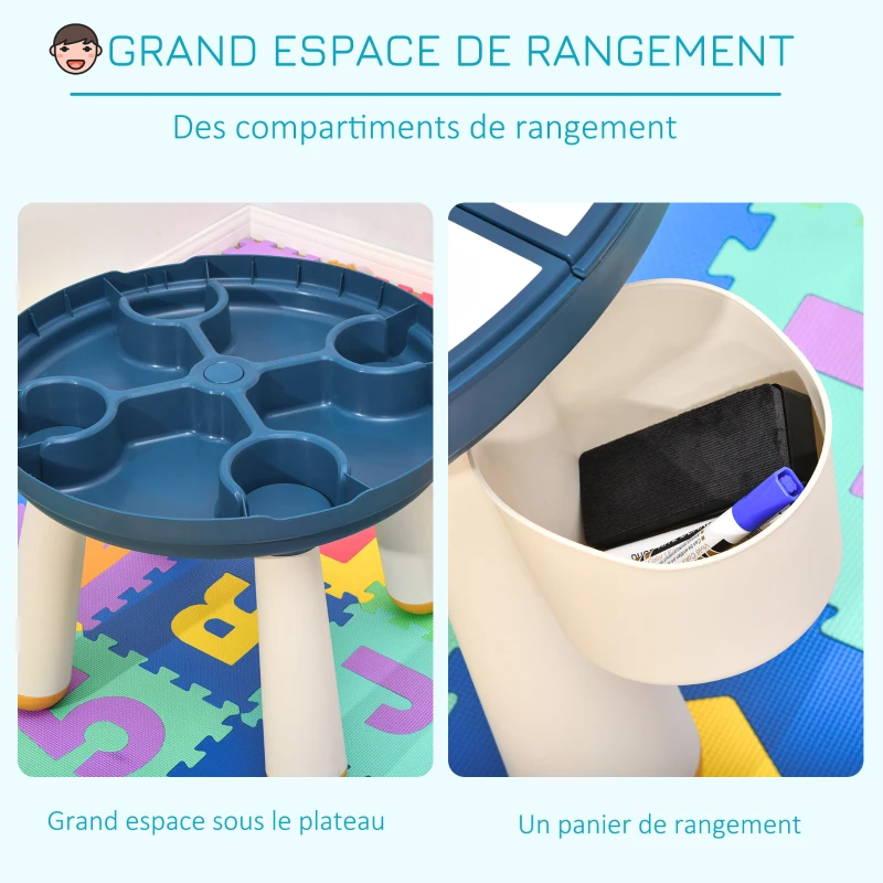 HOMCOM Ensemble table de construction bureau enfant table à dessin 3 en 1 multi-activités pour enfant avec tabouret Ø 63 x 49H cm bleu et blanc