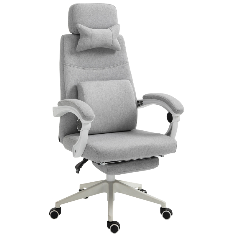 Vinsetto Poltrona da Ufficio Sedia Ergonomica, Cuscino Lombare, Poggiatesta e Poggiapiedi Estraibile, Grigia 62x68x117-127cm