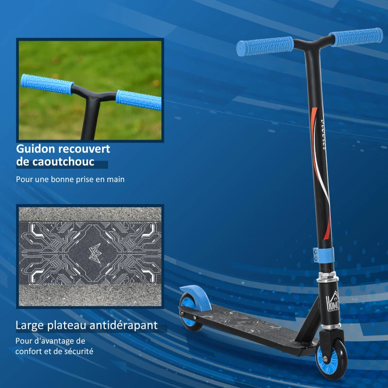 HOMCOM Trottinette freestyle cascade 2 roues PU pour adultes et adolescents plus de 14 ans roue avant rotation à 360° noir et bleu