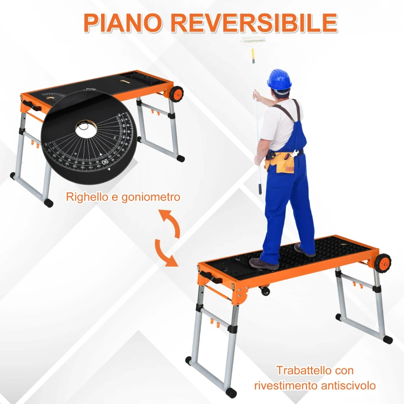HOMCOM Banco da Lavoro Pieghevole 5 in 1, Carrello, Trabattello e Supporto per Troncatrice Radiale, Altezza Regolabile, 124-131x55.5x65.5-86cm