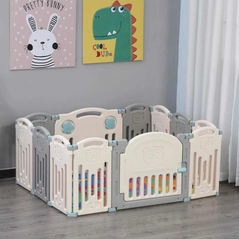 HOMCOM Recinto per Bambini +6 Mesi da 12 Pezzi con Struttura a Incastro, Serratura e Giochi, Grigio Bianco 108x133x58cm