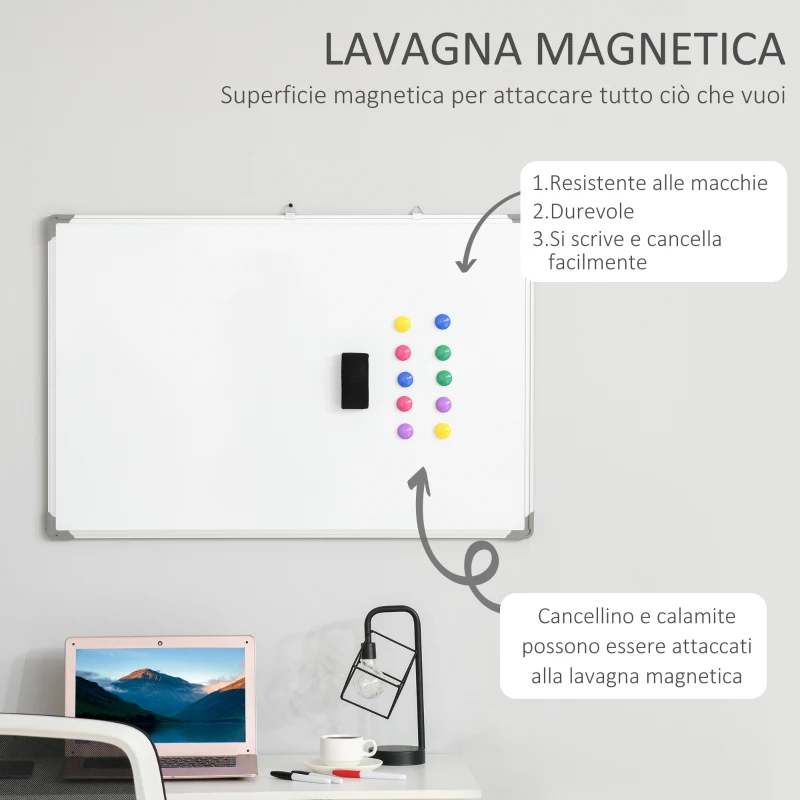 HOMCOM lavagna magnetica da parete con cornice in alluminio, con pennarelli, cancellino e magneti 90x60cm
