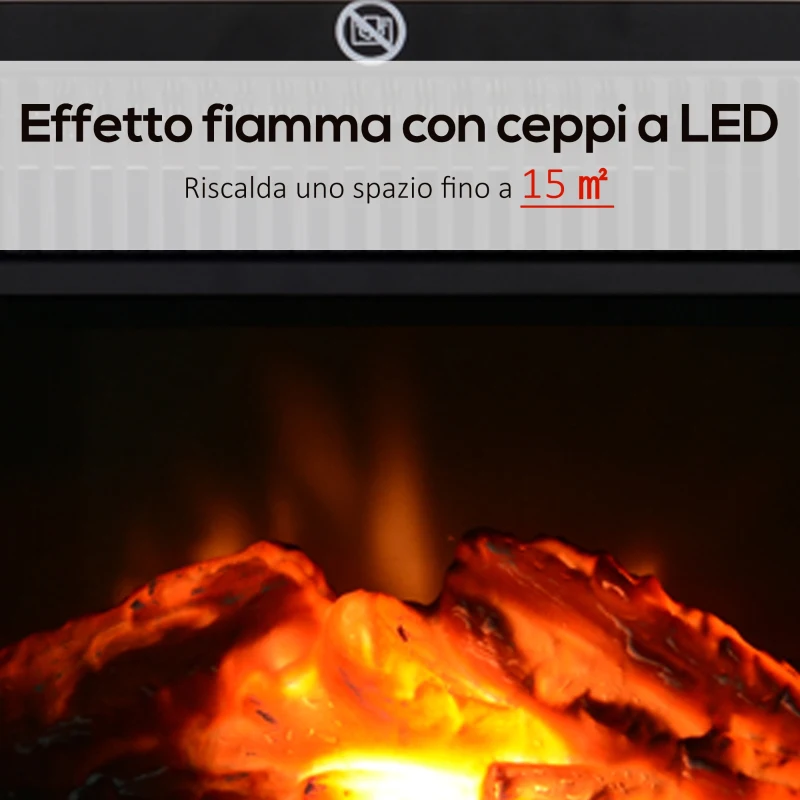 HOMCOM Camino Elettrico da Tavolo con Effetto Fiamma, Caminetto con Potenza Regolabile 600/1200W, Copertura 10-15m², Nero