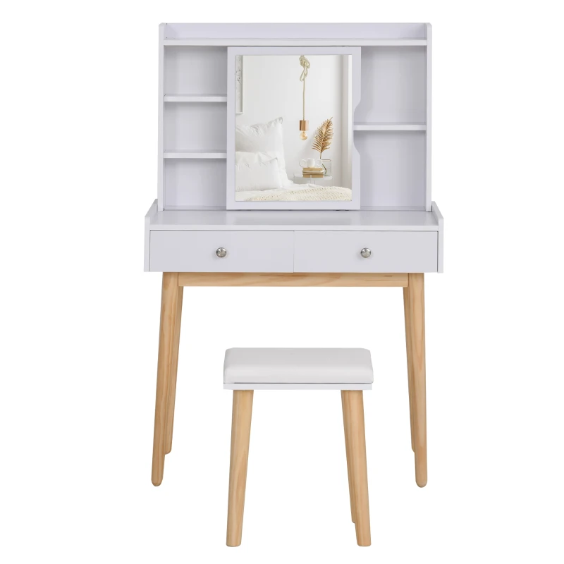 Homcom Postazione Trucco in Legno Bianco con Specchio Scorrevole Sgabello 2 Cassetti e 5 Ripiani