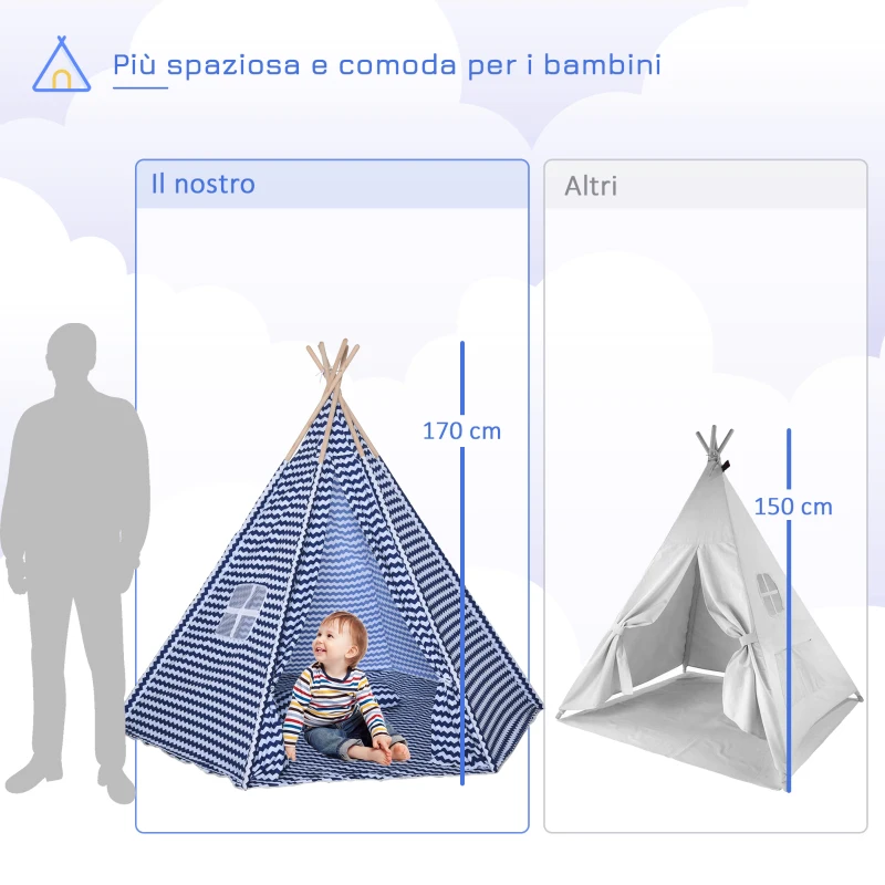 HOMCOM Tenda Indiana per Bambini con Borsa di Trasporto Tappetino e 2 Cuscini, Tenda Teepee Blu e Bianco 200x200x170cm