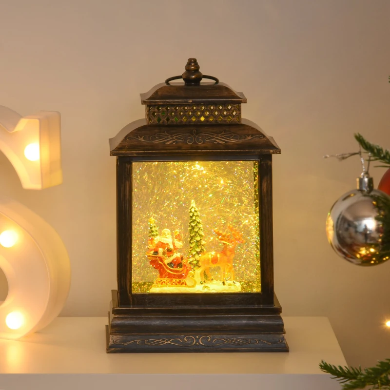 HOMCOM Decorazione Natalizia Lanterna con Babbo Natale in Slitta, Luci e Musica, Alimentazione USB, Bronzo