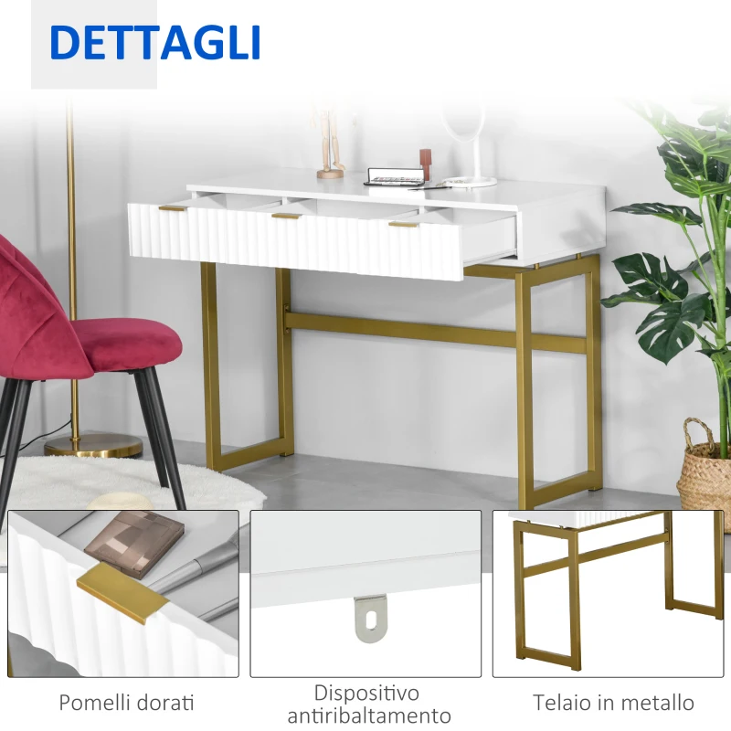 HOMCOM Toeletta da Camera in MDF e Metallo, Tavolo per Trucco con 3 Cassetti 100x40x76cm Bianco e Oro