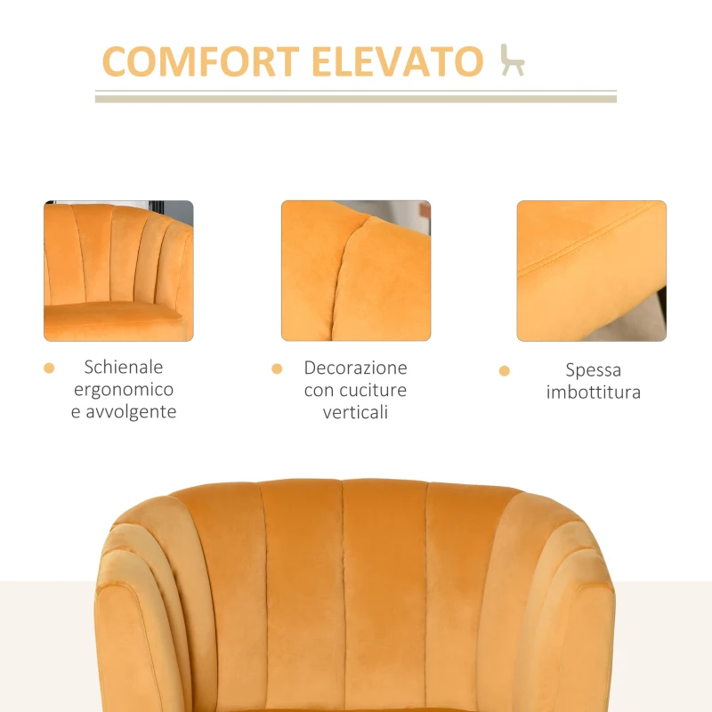 HOMCOM Poltrona in Velluto per Soggiorno, Poltroncina per Camera da Letto in Stile Vintage Gialla 79x66.5x79cm