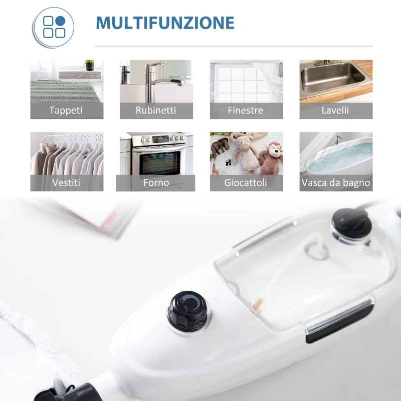 HOMCOM Scopa a Vapore Elettrica con 11 Accessori, Serbatoio 450 ml, 1330 W - Bianca
