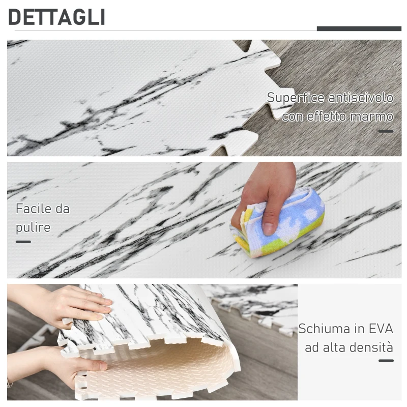 HOMCOM Tappeto Puzzle Morbido in EVA Antiscivolo con Effetto Marmo, 9 Pezzi e 18 Bordi, per Fitness e Cameretta, Area coperta 3.24m²