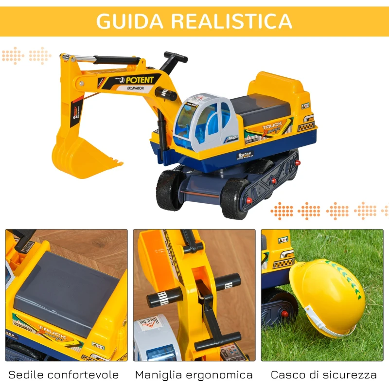HOMCOM Ruspa Giocattolo con Escavatore Manuale, Seduta Girevole e Casco, Gioco Cavalcabile Bambini 2-3 Anni, 77x26x55cm, Giallo