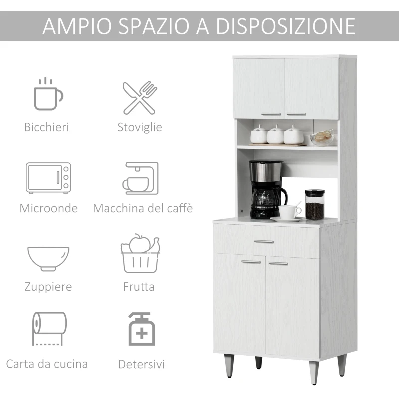HOMCOM Credenza Alta da Cucina, Madia Classica Bianca in Legno con 2 Armadietti e 1 Mensola, Bianco, 60x40x160cm