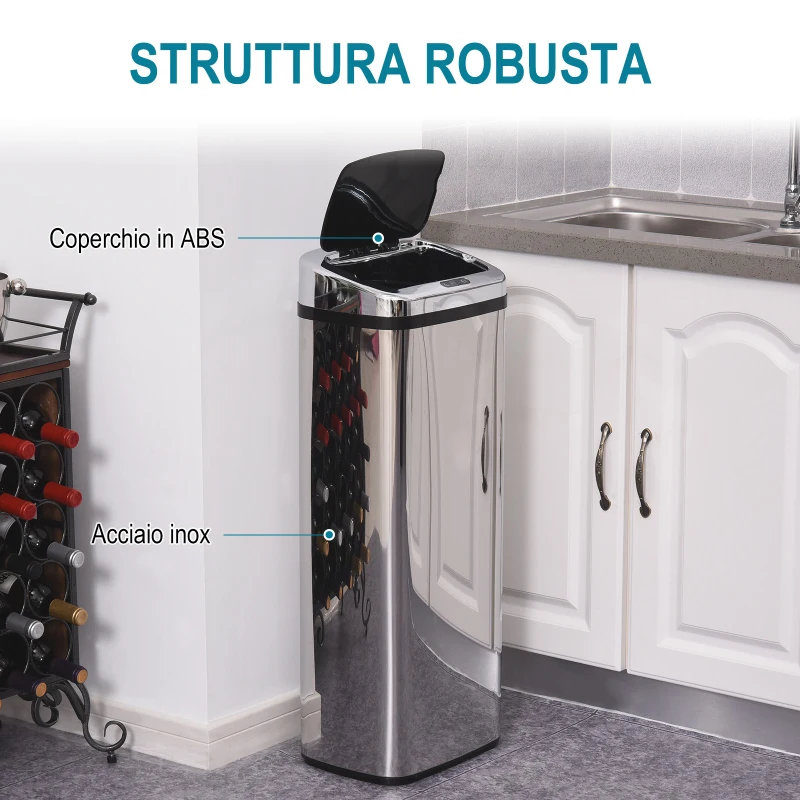 HOMCOM Cestino dei rifiuti in acciaio inox con sensore automatico Pattumiera con sensore a infrarossi 50L
