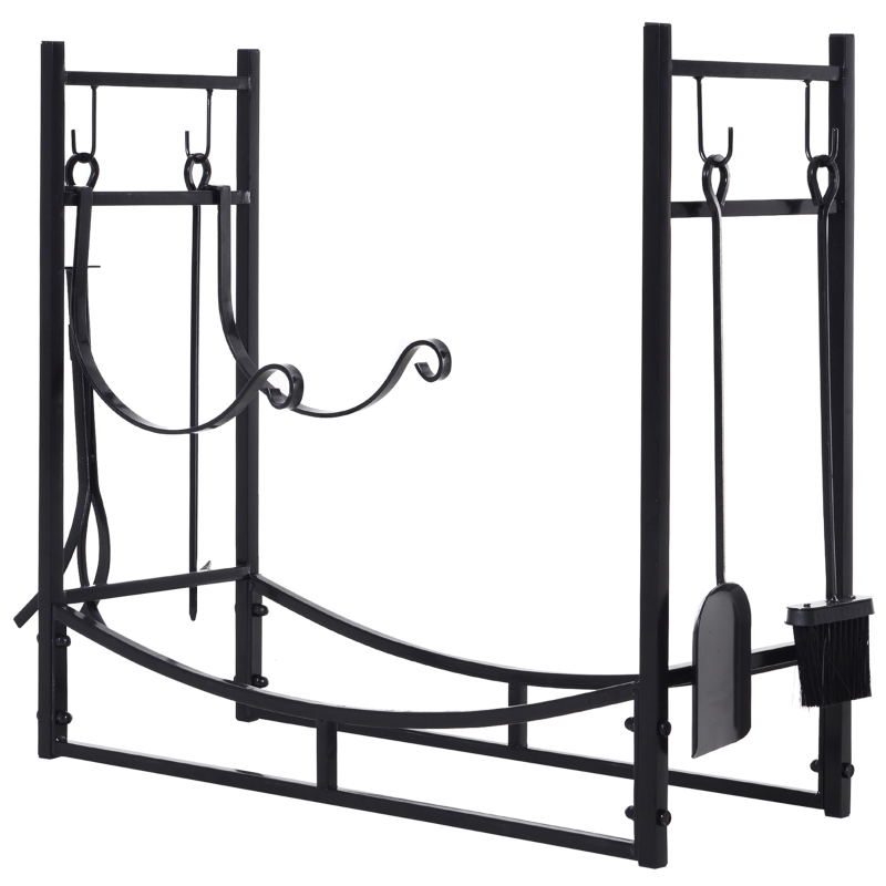 Outsunny Portalegna da Interno ed Esterno in Metallo con Paletta, Scopa, Attizzatoio e Pinza, Nero, 84x33x76cm