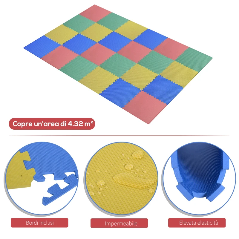 Homcom Tappeto Puzzle Antiscivolo Colorato in Schiuma EVA Set da 24 Pezzi da 61x61cm, Tappeto Fitness e Gioco