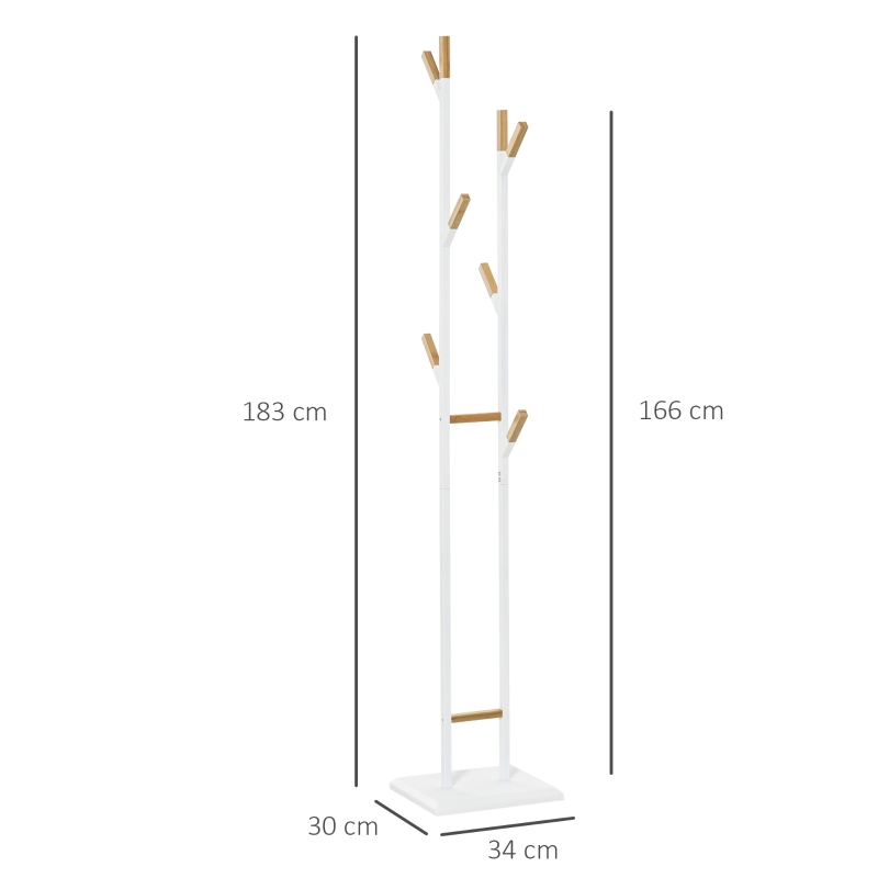 HOMCOM Appendiabiti da Terra Salvaspazio con 8 Braccia e Base Rettangolare in Metallo e Bambù, 34x30x183cm Bianco