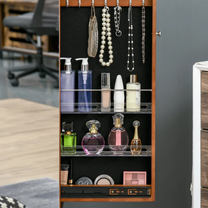 HOMCOM Specchio da Terra Girevole con Armadietto Portagioie e Appendiabiti, MDF e Legno, Ф50x169cm, Noce Chiaro