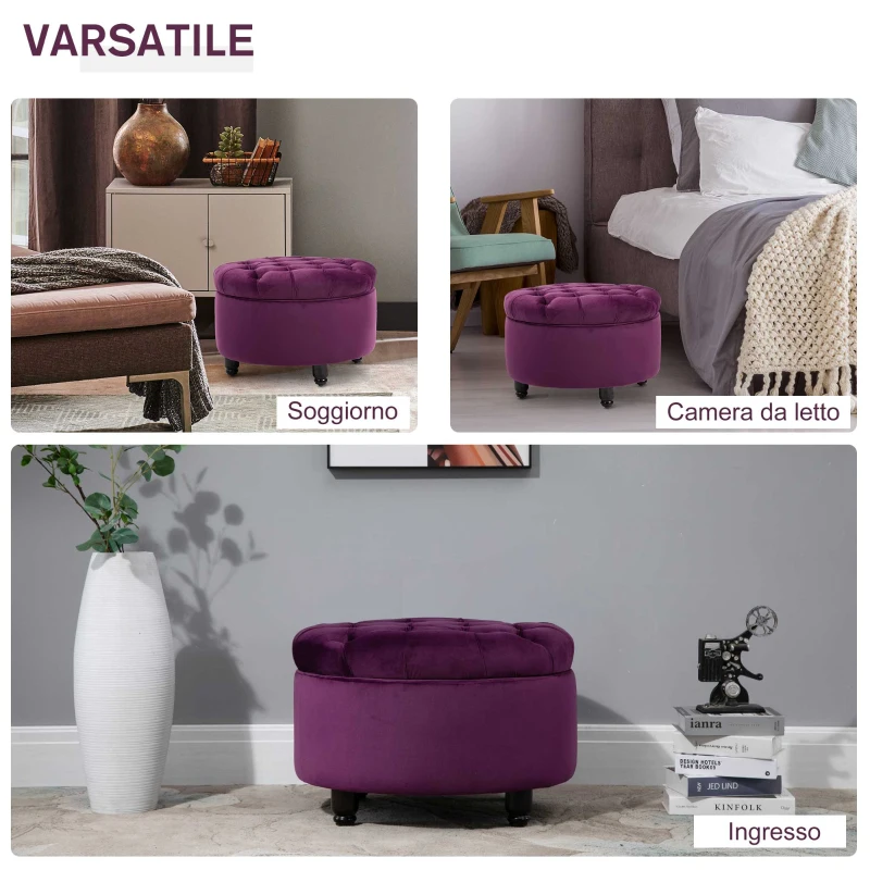 HOMCOM Pouf Contenitore in Velluto Viola per Camera, Design Vintage e Seduta in Stile Chesterfield Imbottita, 54x54x22cm