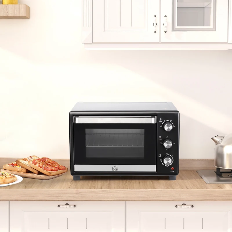 HOMCOM Fornetto Elettrico 28L Timer e Temperatura Regolabile, 3 Modalità di Cottura e Accessori, 1600W, 48.6x36.3x32cm, Argento Nero