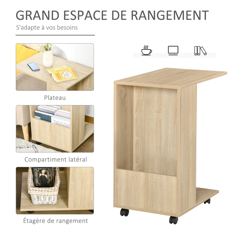 HOMCOM Table basse bout de canapé table d'appoint table de lit à roulette avec rangement chêne clair