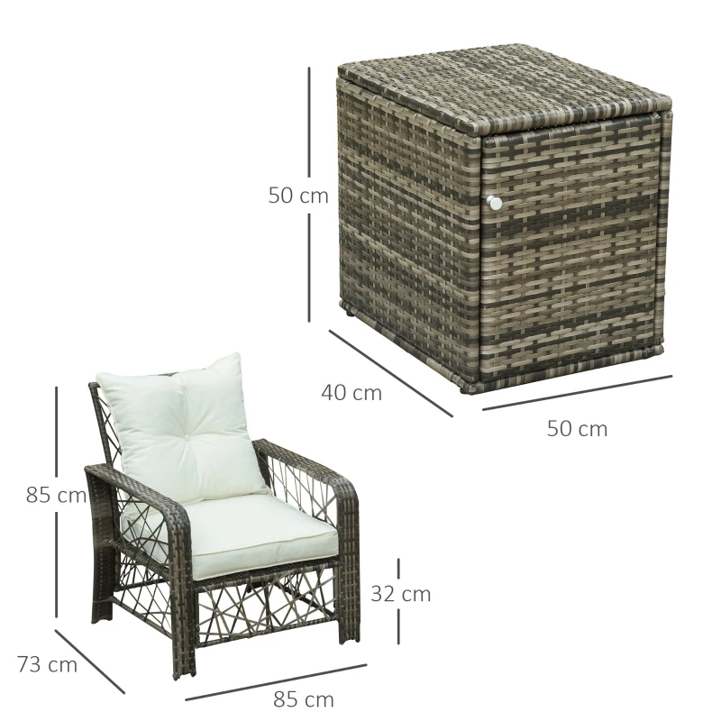 Outsunny Set 2 Poltrone da Giardino e Tavolino Contenitore in Rattan PE e Acciaio, Arredamento da Esterno Grigio e Beige