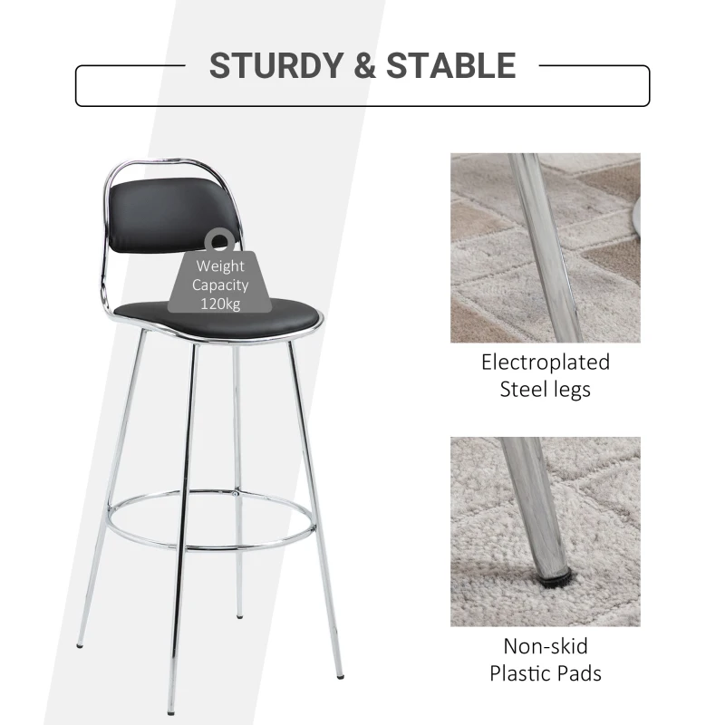 HOMCOM Set 2 Sgabelli da Bar Alti con Schienale e Poggiapiedi, Seduta in PU e Struttura in Metallo, Stile Industriale Moderno, 42.5x48.5x104 cm, Nero