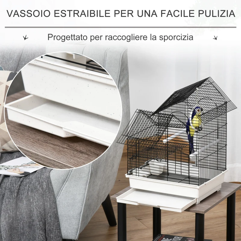 PawHut Gabbia per Uccelli in Metallo con Maniglia, Vassoio Estraibile, Pioli e Altalena in Plastica, 39x34x47cm