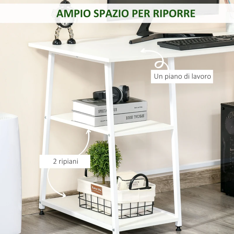 HOMCOM Scrivania Moderna per Camera e Ufficio con 2 Ripiani Laterali, Scrivania Porta PC in Legno e Acciaio, 120x60x76cm, Bianco