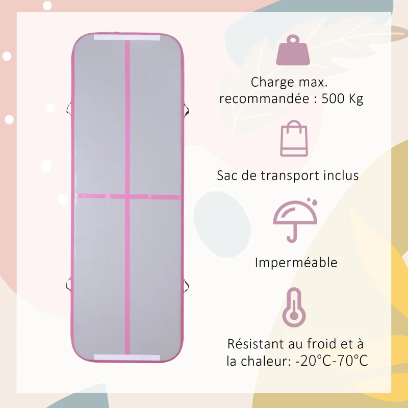 HOMCOM Airtrack tapis de gymnastique gonflable tapis de tumbling entraînement avec pompe à air électrique dim. 300L x 100l x 10H cm tissu stratifié PVC rose