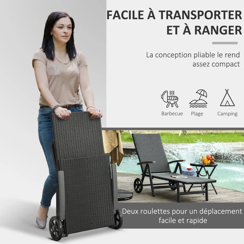 Outsunny Transat bain de soleil pliable style colonial inclinaison réglable multipositions accoudoirs roues résine tressée 4 fils noir