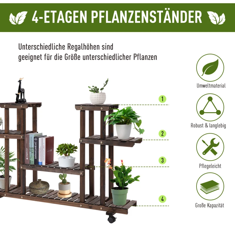 Outsunny Plantenrek plantenstandaard bloementrap met vier treden massief hout verkoold
