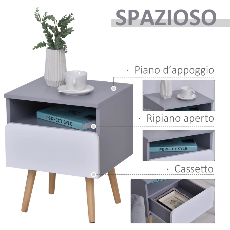 HOMCOM Comodino in Legno MDF Grigio e Bianco con 1 Cassetto, 1 Ripiano e Gambe in Legno di Pino, 40x34.3x50cm
