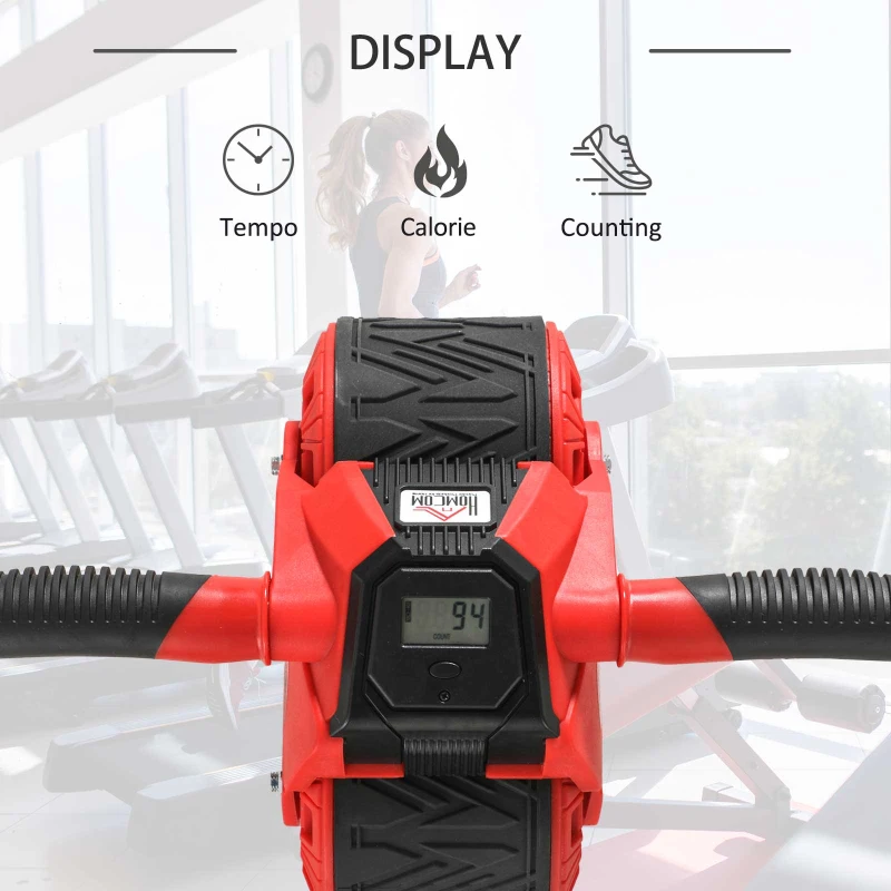 HOMCOM AB Wheel Attrezzo per Allenamento Addominali, Impugnature Antiscivolo e Tappetino per Ginocchia, 40x25x16cm Rosso