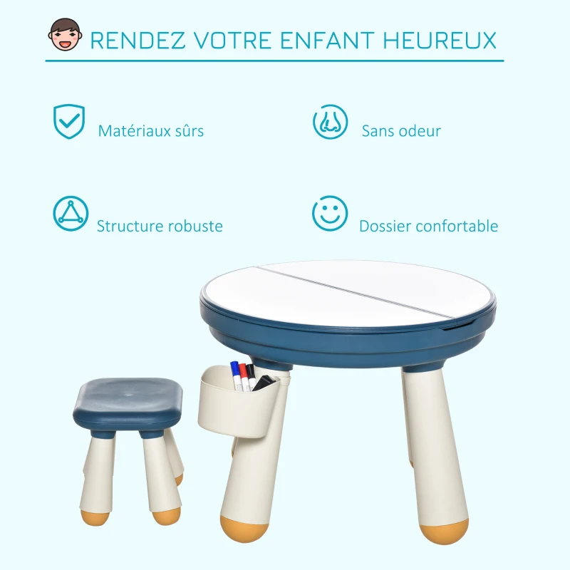 HOMCOM Ensemble table de construction bureau enfant table à dessin 3 en 1 multi-activités pour enfant avec tabouret Ø 63 x 49H cm bleu et blanc