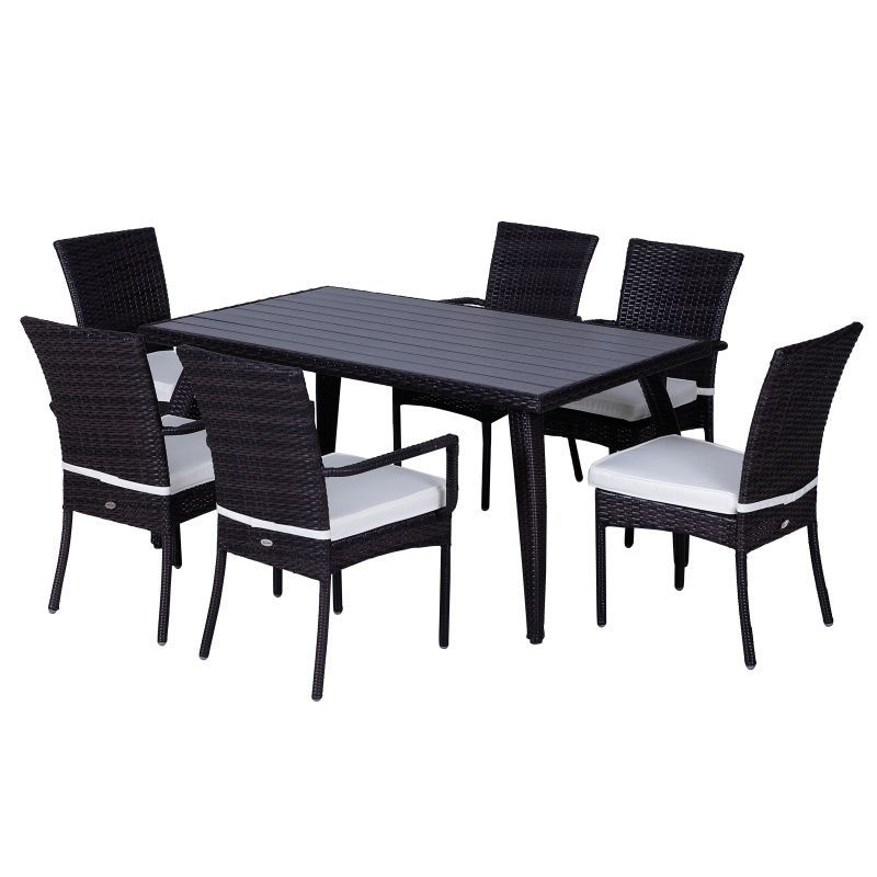 Outsunny Set Mobili da Esterno in PE Rattan Tavolo da Pranzo in Legno con 6 Sedie con Cuscini, Marrone