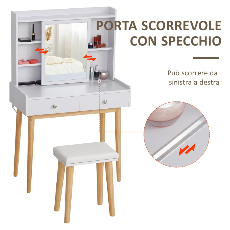 Homcom Postazione Trucco in Legno Bianco con Specchio Scorrevole Sgabello 2 Cassetti e 5 Ripiani