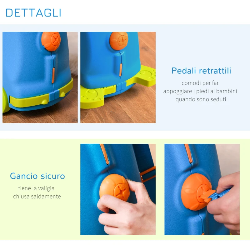 HOMCOM Valigia Cavalcabile Bimbi, Trolley per Bambini 3-6 Anni, Bagaglio a Mano per Aereo, Azzurro, 46x22x33.5cm