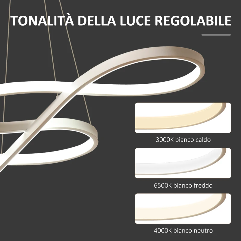 HOMCOM Lampadario LED 3 Tonalità di Luce, Altezza Regolabile, Potenza 70W, Bianco