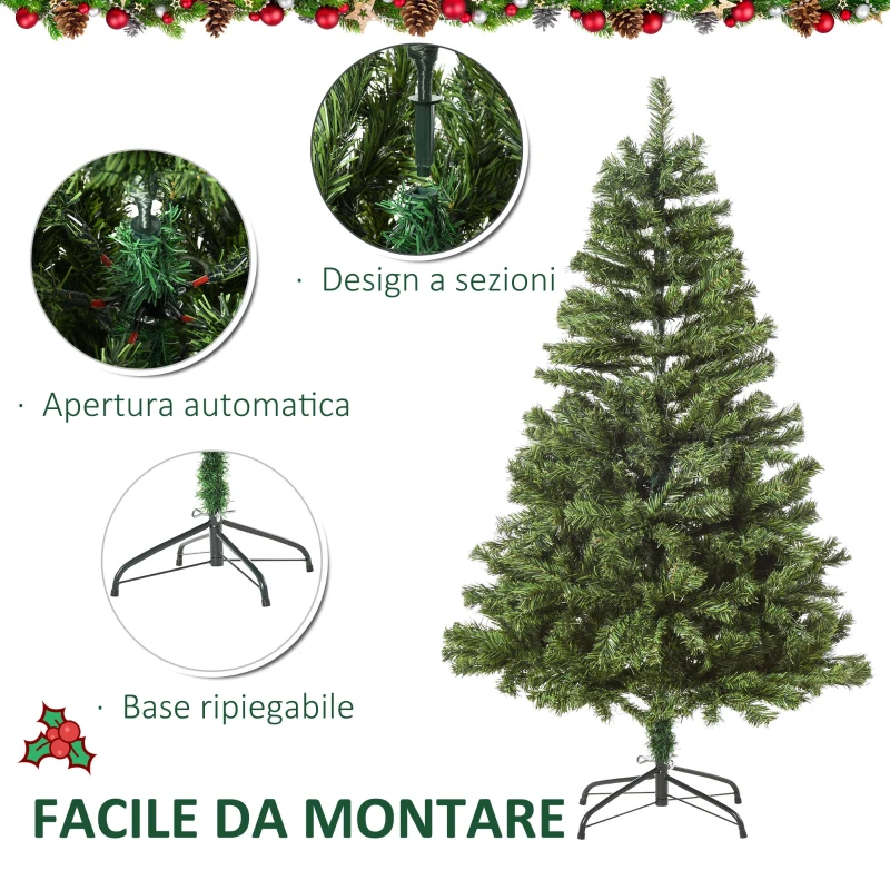HOMCOM Albero di Natale Artificiale da 150cm con 490 Rami e 170 Luci a LED, Base Pieghevole e Rimovibile