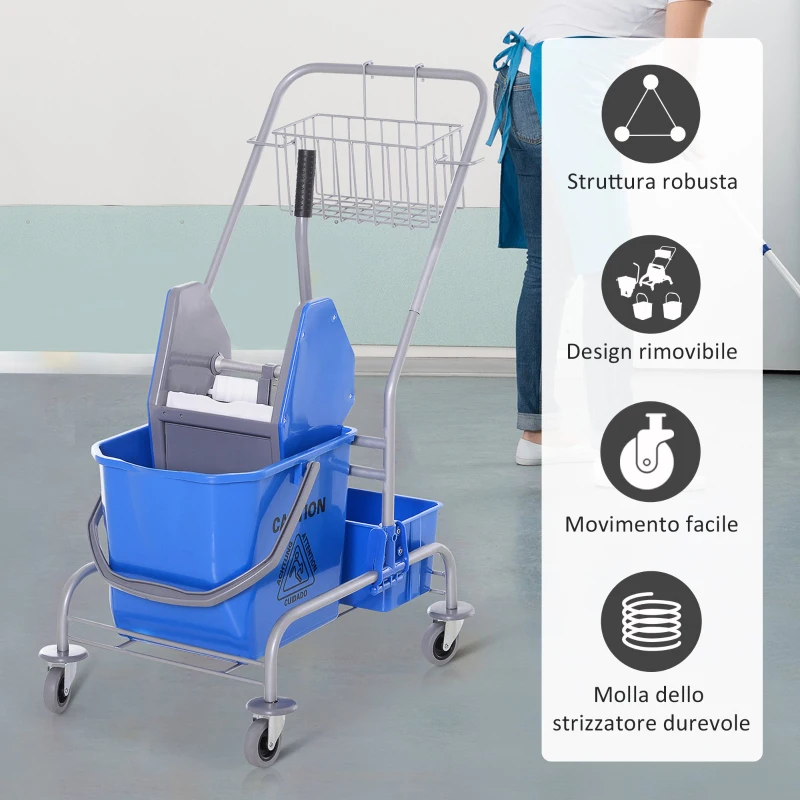 HOMCOM Carrello Pulizie Professionale con Cesto Sospeso, Ripiano, 25L Secchio Lavapavimenti con Strizzatore, Carrello Multiuso con Gancio per Hotel, Albergo e Ristorante, 72x49.5x95 cm, Blu
